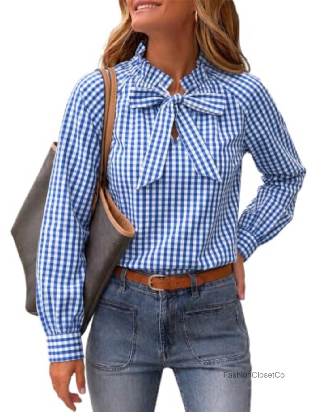Womens Cotton Plaid Bow Tie Blouse Puff Long Sleeve Ruffle High Neck Work Top